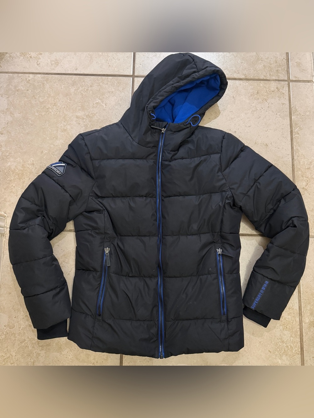 Superdry Quilted Puffer Jacket Zip Black Blue Fleece Lined Hooded Mens Small
